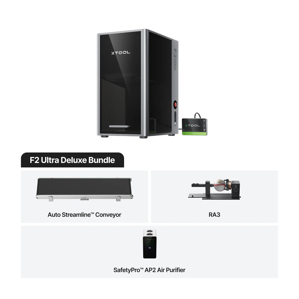 xTool F2 Ultra Deluxe Bundle contents - dual laser